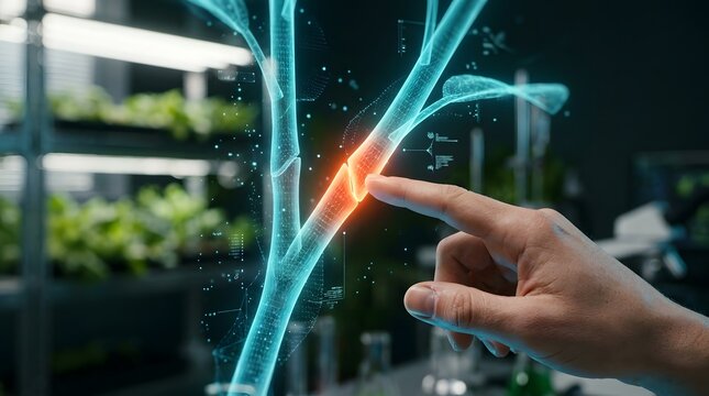 Scientist hand interacting with a digital plant hologram in a futuristic laboratory for biotechnology research and agricultural innovation.