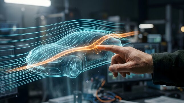 Engineer interacting with a futuristic 3D car hologram and aerodynamic airflow simulation in a high-tech laboratory.