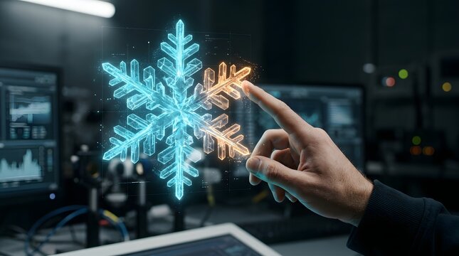 A scientist touching a digital holographic snowflake in a high-tech laboratory, illustrating advanced HVAC technology, energy efficiency, and climate control concepts.