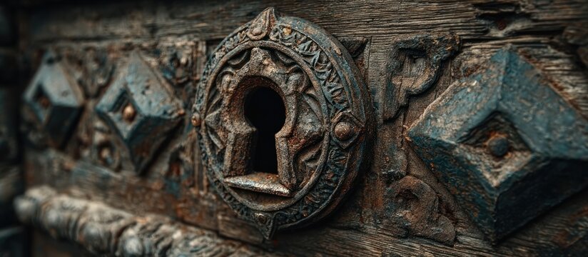Old metal lock on wooden door.
