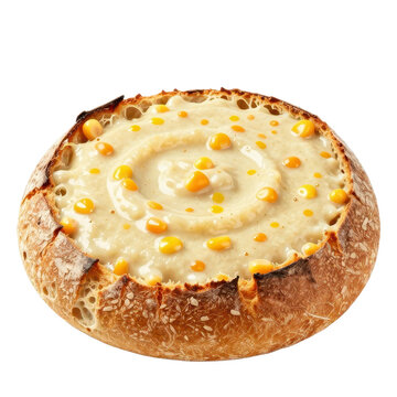 Creamy corn chowder served inside a hollowed artisan bread bowl