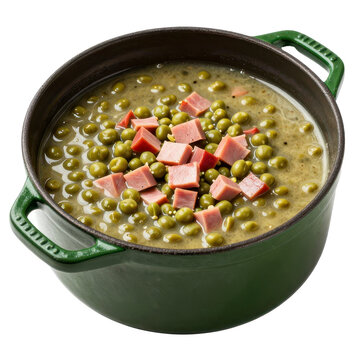 Green pea soup with ham chunks in a pot