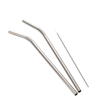 Reusable metal straws with cleaning brush on black background
