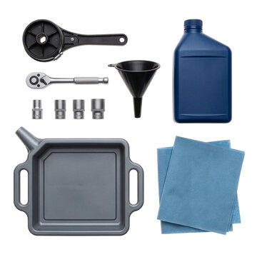 Oil change maintenance tools and motor oil bottle