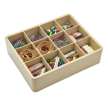 Office supply organizer tray with stationery and hardware