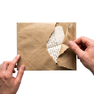 Hands opening a vintage paper envelope with a handwritten letter