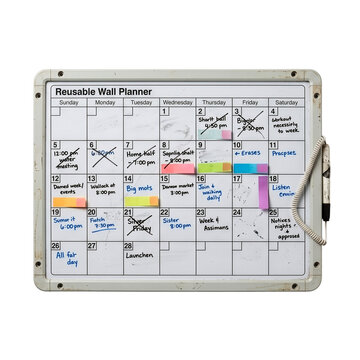 Reusable wall planner with handwritten schedule and sticky notes