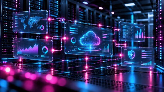 Cloud computing dashboards floating in pink and blue neon server room for global data monitoring and analysis.
