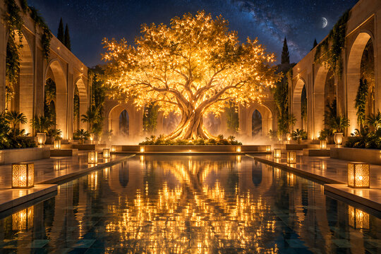 Glowing Tree Of Light In Quiet Sandstone Courtyard At Night Egyptian Fantasy