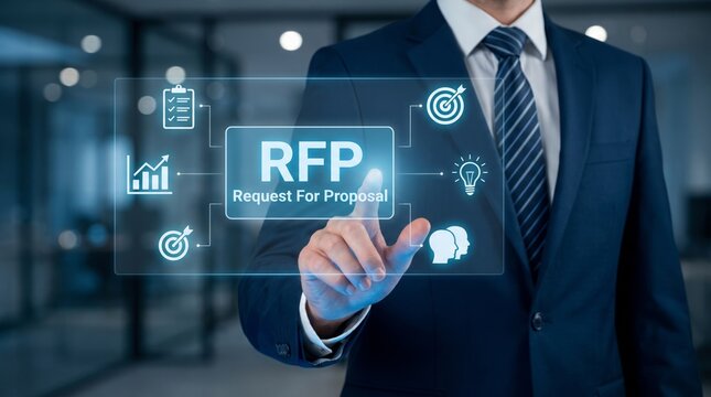 Businessman touching futuristic screen with request for proposal text interface