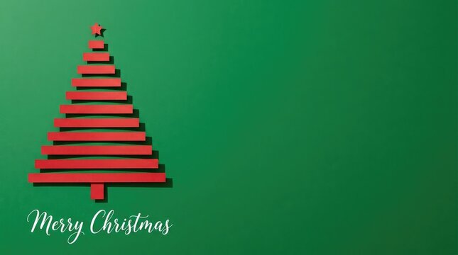 Red christmas tree shape craft from paper strips on a dark green surface with copy space