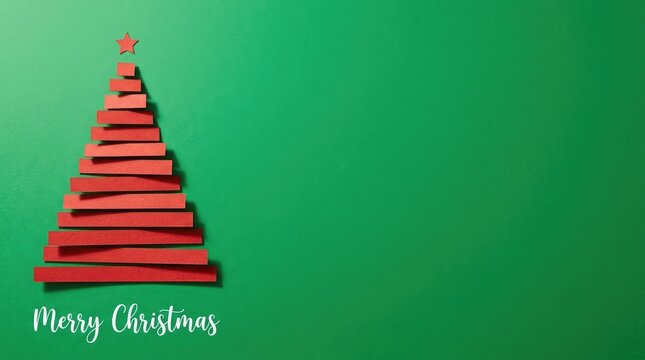 Stylized red paper christmas tree with a star on green background with copy space