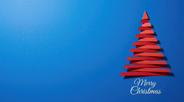 Minimalist red paper christmas tree design on a blue background with pine with copy space