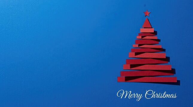 Red christmas tree made from layered ribbons on blue background with fir with copy space
