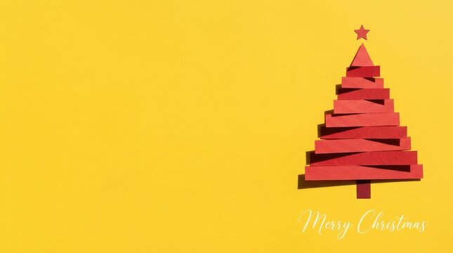 Abstract red christmas tree crafted from ribbons on yellow background with fir with copy space