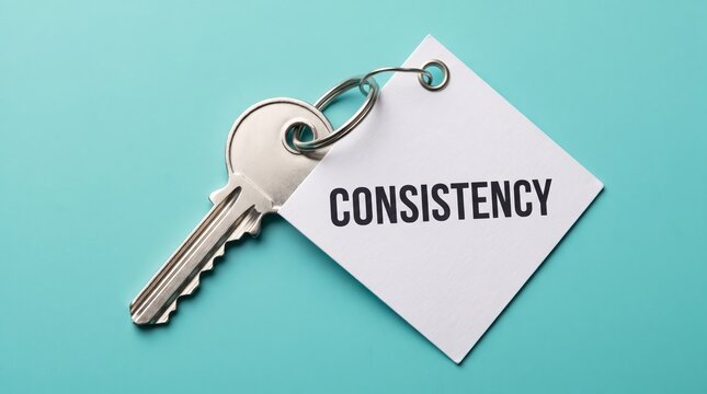 Metal key attached to paper note with consistency text