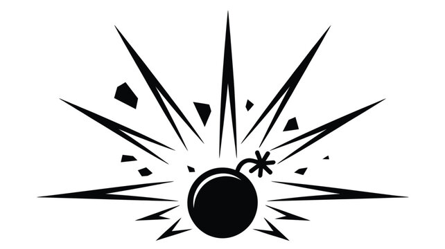 Exploding bomb vector icon with sharp blast rays and flying debris representing danger, weapon, burst, and explosive risk.