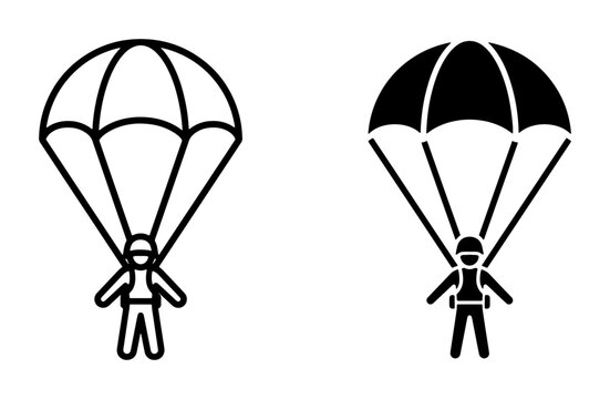 Parachutist line icon and silhouette set for skydiving and adventure sports