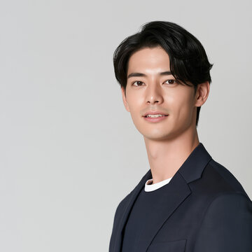 日本人男性, 男性, 若い男性, イケメン, 俳優風, ポートレート, 人物, 顔, 笑顔, ビジネスマン, ビジネス, スーツ, ジャケット, ファッション, ヘアスタイル, 黒髪, 茶髪, 金髪, 清潔感, 爽やか, 美容, メンズビューティー, モデル, スタジオ撮影, 白背景, ベージュ背景, コピースペース, バナー素材, 広告, 広告素材, 人物素材, プロフィール, 証明写真風, 上