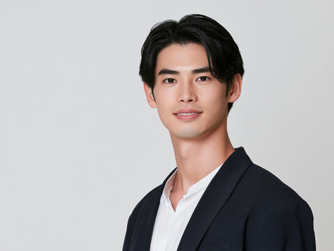 日本人男性, 男性, 若い男性, イケメン, 俳優風, ポートレート, 人物, 顔, 笑顔, ビジネスマン, ビジネス, スーツ, ジャケット, ファッション, ヘアスタイル, 黒髪, 茶髪, 金髪, 清潔感, 爽やか, 美容, メンズビューティー, モデル, スタジオ撮影, 白背景, ベージュ背景, コピースペース, バナー素材, 広告, 広告素材, 人物素材, プロフィール, 証明写真風, 上