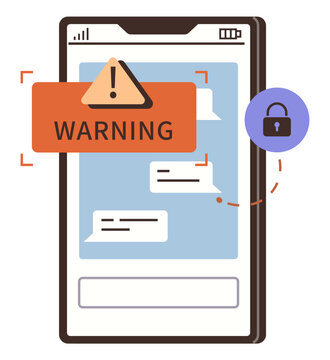 Smartphone with warning notification and lock icon vector illustration. Cybersecurity, data protection, mobile safety, privacy alert, digital scam, internet security. Cell phone showing alert sign