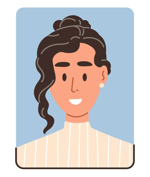 Portrait of a woman with dark wavy hair wearing a striped turtleneck vector illustration. User profile, employee avatar, social media, identity, support, lifestyle. Female character with bun