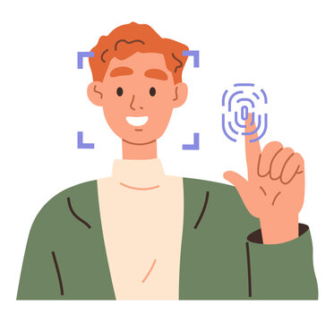 Man using face recognition and fingerprint scan vector illustration. Cyber security, digital identity, data protection, mobile authentication, smart tech, privacy access. Male character touching