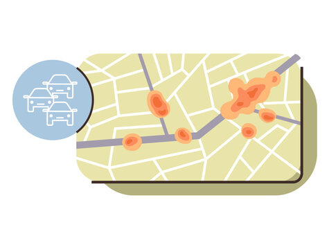 City map with traffic congestion heat map vector illustration. Urban planning, navigation technology, smart city, commute tracking, logistics, road safety. Street atlas showing vehicle density