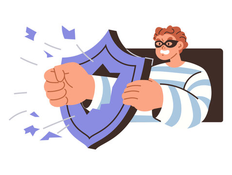 A masked hacker punching through a broken blue shield vector illustration. Cyber security, data breach, internet safety, digital crime, firewall failure, protection. Cybercriminal breaking protective