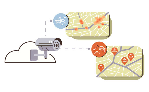 Surveillance camera linked to cloud and traffic maps vector illustration. Smart city, traffic management, road safety, surveillance, urban planning, cloud data. Security device on network charts