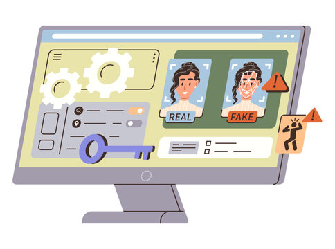 Deepfake detection on screen vector illustration. Cybersecurity, artificial intelligence, fraud prevention, identity verification, digital safety, media literacy. Monitor showing biometric scan