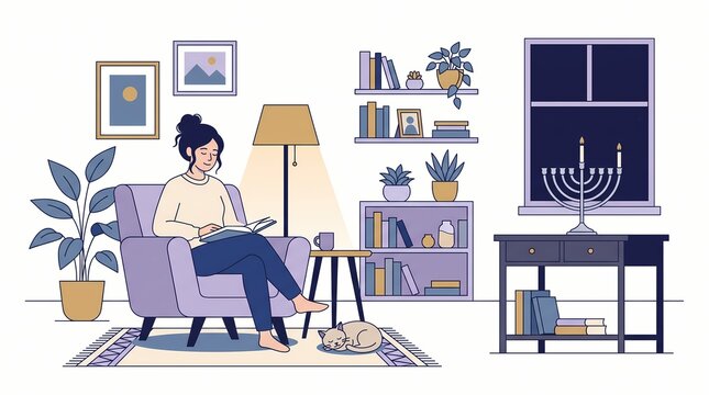 Woman reading in cozy living room with sleeping cat, flat vector illustration of peaceful home evening with menorah on table, hygge interior style, warm lighting