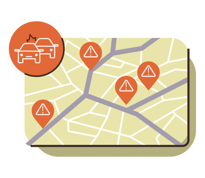 Map with car accident icons and warning pins vector illustration. Traffic safety, navigation apps, road hazards, insurance claims, emergency services, urban planning. Cartography showing vehicle