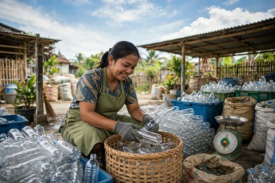 Indonesian woman recycling worker sorting plastic bottles at community waste bank in Java Indonesia with copy space