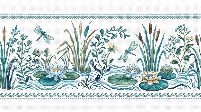 Ilustraci&oacute;n vintage de borde bot&aacute;nico con nen&uacute;fares y lib&eacute;lulas, cenefa floral de estilo cl&aacute;sico en tonos azul y verde, patr&oacute;n ornamental acu&aacute;tico para dise&ntilde;o textil y decoraci&oacute;n