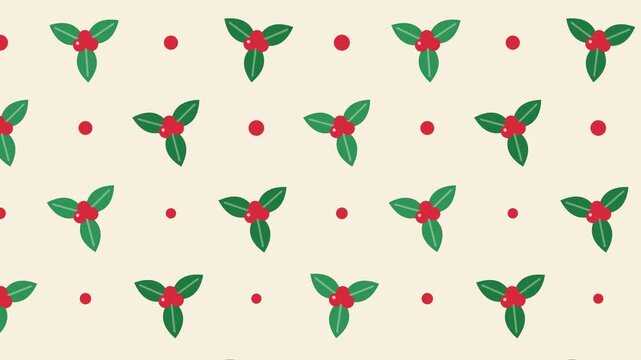animated christmas pattern with holly leaves and red berries on off white background scrolling seamlessly