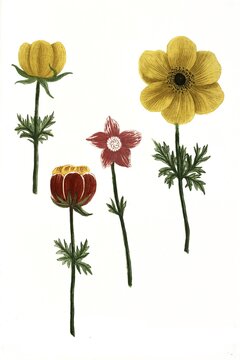 Anemone lutea magno flore, Anemone flore rubro striis albis, Anemone intus lutea, Variants of the anemone, Historic, digitally restored reproduction of a 19th century original