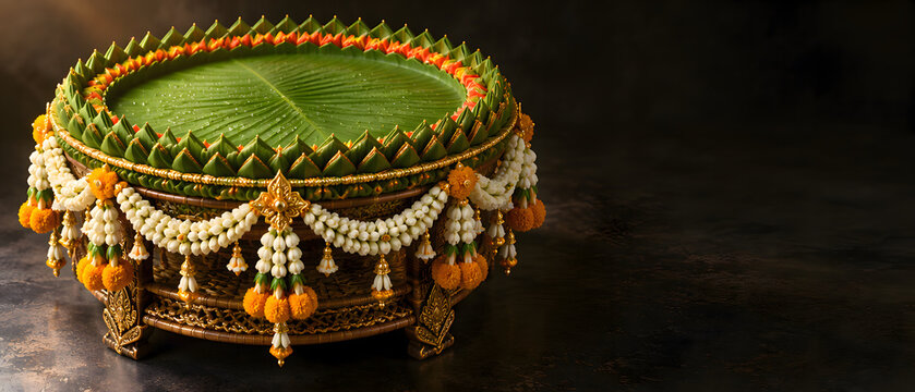 High-angle view of a beautifully decorated traditional Thai Khan Toke on a dark background, intricate folded banana leaves and fresh floral garlands, photorealistic, copy space