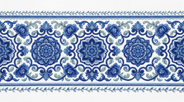 Cenefa ornamental estilo porcelana china en azul y blanco, patron floral ornativo de azulejo tradicional, fondo grafico continuo para decoracion textil e interiorismo elegante