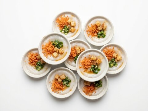 Traditional Vietnamese banh beo steamed rice cakes in small ceramic dishes topped with shrimp flakes and crispy pork cracklings on a white background