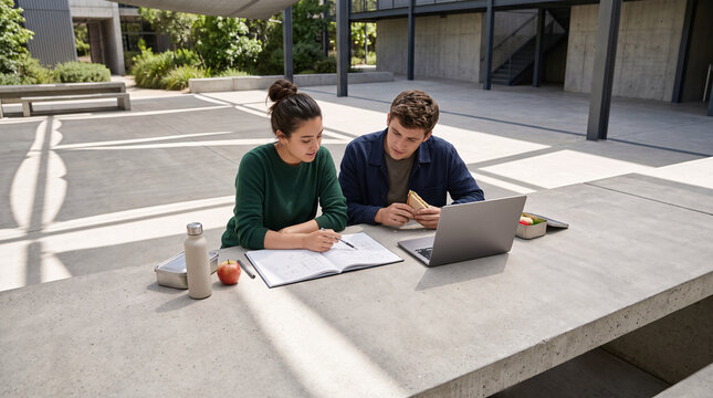Deux &eacute;tudiants &eacute;tudient ensemble &agrave; une table en ext&eacute;rieur avec ordinateur