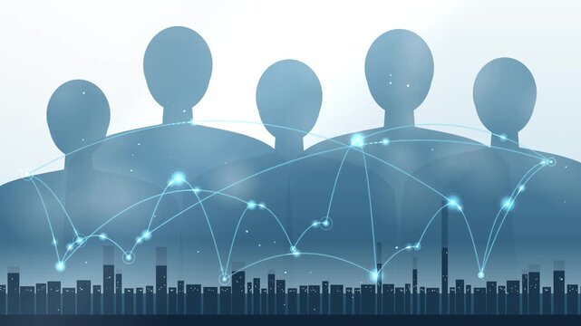 Human silhouettes overlaid with digital connection lines and a city skyline representing modern networking and global communication systems.