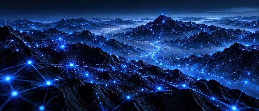 Blue digital mountain landscape with glowing network