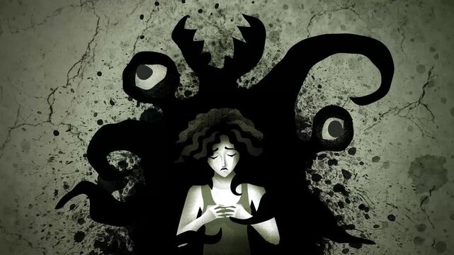 woman experiencing schizophrenia and depression seeing a dark shadow creature with tentacles