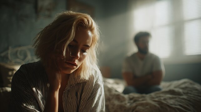 sad woman and man having relationship problems in bedroom