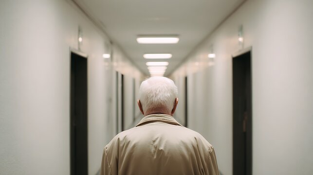 Back view of a senior man in a long hospital and nursing home hallway