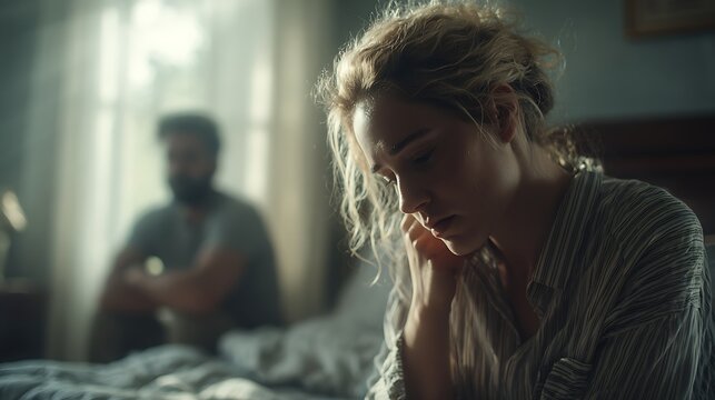 Sad woman sitting on bed with man in background after an argument