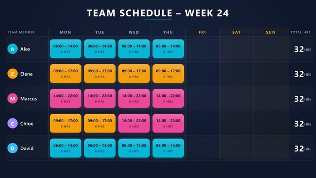 Team work schedule planner calendar for weekly shift management. 4K Video