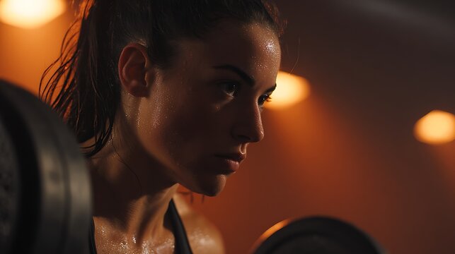 Sweaty and determined athletic woman training with weights in gym