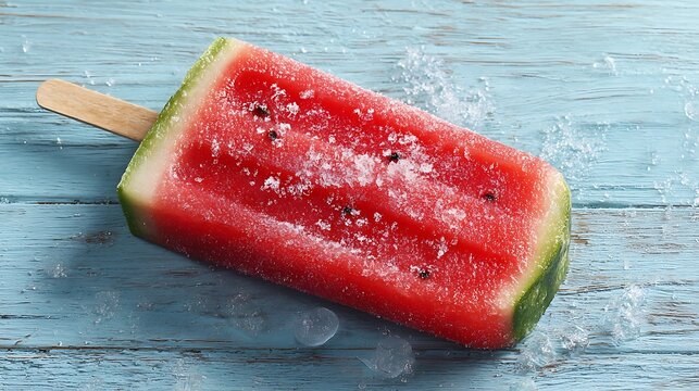 frozen watermelon fruit ice pop on rustic blue wood and ice crystals